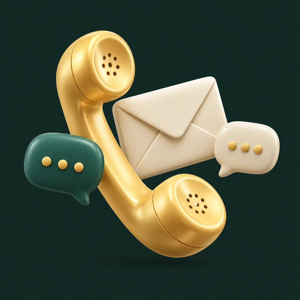 Three-dimensional telephone receiver, envelope and chat bubbles