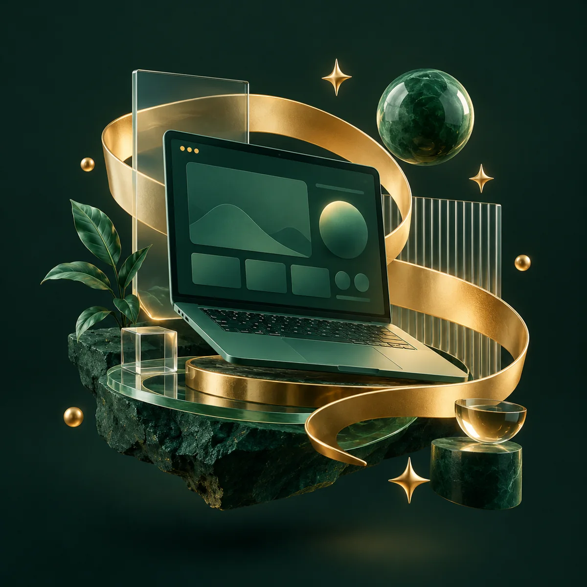 A playful creative technology studio with a laptop and golden sculptural forms
